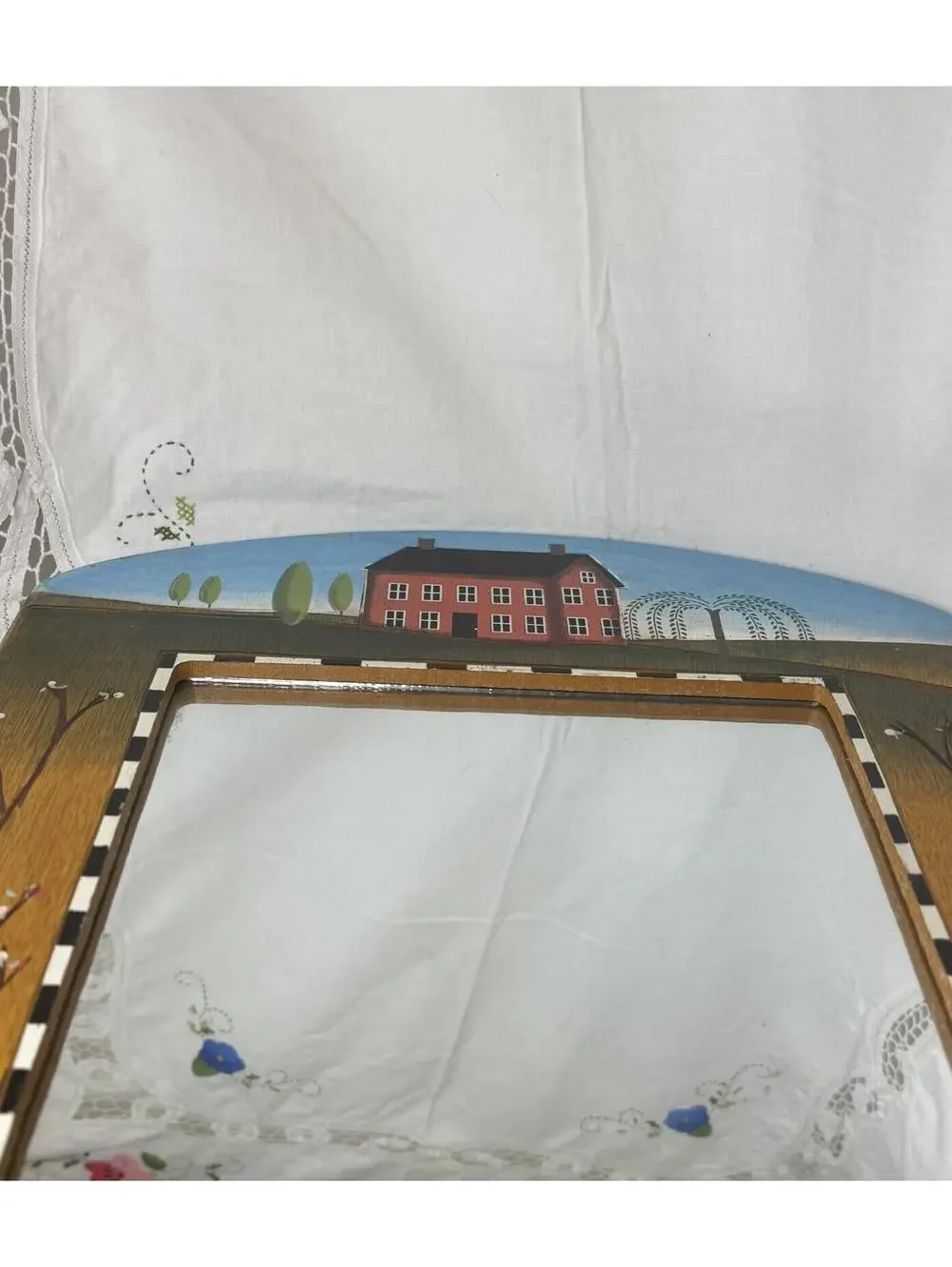 Hand Painted Folk Art Cottage Core Wooden Wall Mirror with 'Cherish' Design